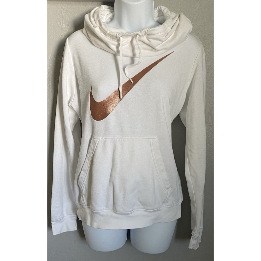 Nike Hoodie Womens Medium White Metallic Logo Rally Funnel Neck Pullover Hoodie
